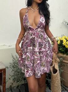 SHEIN Unity Women's Casual Bohemian Print Open Back Halter Tie Bow Wrap Dress, Fashion Resort Everyday Wear, Spring/Summer - Red Violet - View 6