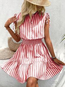 Calvaya Blue & White Striped Summer Dress With Shoulder Ruffle Bowknot And Waist Cinching For Women, Cotton