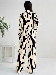 EMERY ROSE 女士法式优雅休闲通勤返校黑白几何花卉印花长袖两件套 - 彩色 - 查看 2