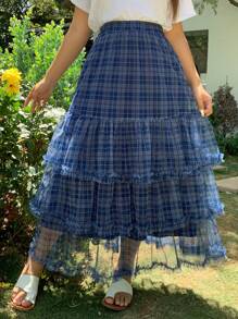 Dazy Plus Elastic Waist Plaid Chiffon A-Line Skirt, Spring/Summer