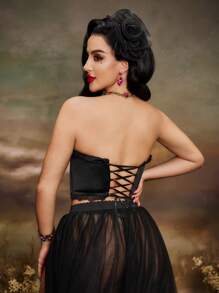 PinupGlam Vintage Palast-Stil romantischer Bondage-Spitzen-Satin-Transparenz-Taillengürtel für Damen, Rot Rose & Schwarz