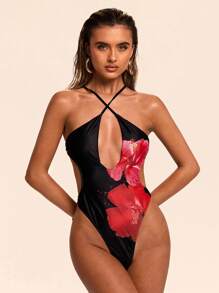 SHEIN BAE 1 件女士优雅性感露背镂空花卉印花连体泳衣 - 黑色 - 查看 2