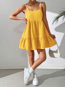 SHEIN EZwear Women's Woven Yellow Spaghetti Strap Ruffle Hem Vacation Dress Summer Dresses For Women - Yellow - View 4