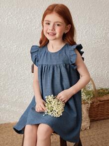 SHEIN Young Girls Blue Floral Jacquard Ruffle Hem Woven Dress - Blue - View 4