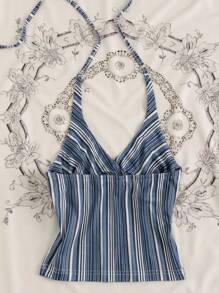 Rina Fox Casual Striped Backless Halter Crop Top, Summer - Multicolor - View 2