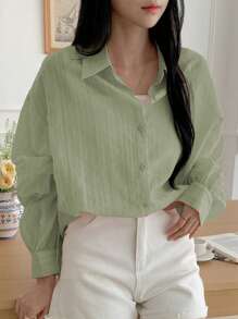 DAZY Áo sơ mi nữ dài tay cổ bẻ, màu trơn, dáng rộng, phong cách công sở thường ngày, thích hợp cho mùa thu và lễ Phục sinh. - màu xanh lá - Xem 3