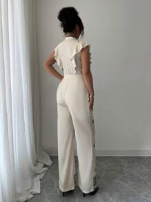 Elenzga Women's Elegant Chinese Style Button Ruffle Hem Printed Jumpsuit - Apricot - View 2
