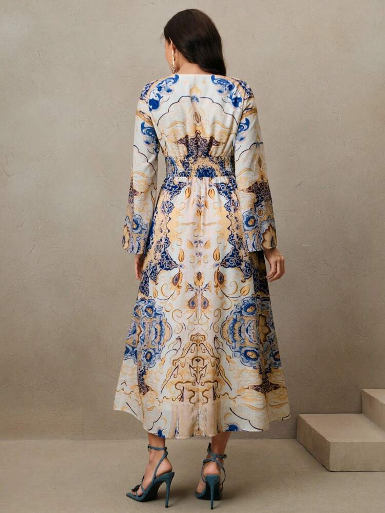 Ladies' Spring/Summer Music Festival Positioning Print Long Elegant Blue Multi-Color Bohemian Long Sleeved Dress