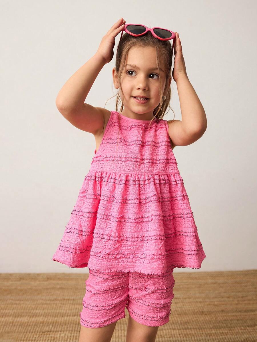 Maija Kids Maija Kids Set de 2 piezas que incluye top tipo camisola informal con detalle de encaje y shorts para niña joven - Rosa - Ver 1