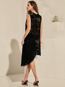 SHEIN Swim 女士纯色新款夏季沙滩镂空圆领无袖钩针泳衣罩衫裙 - 黑色 - 查看 2