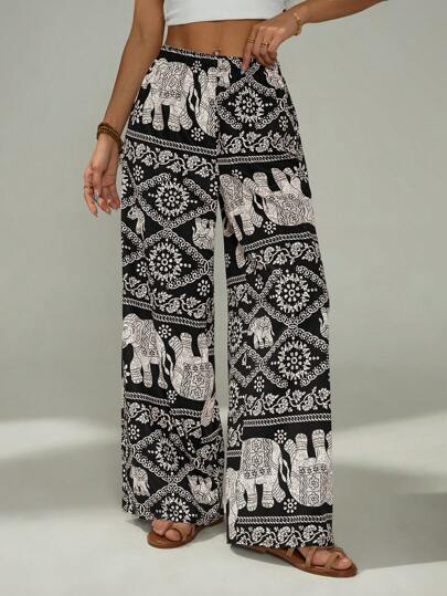 SHEIN PETITE Elephant Retro Print Wide-Leg Pants Are Suitable For Vacation And Beach Dates,Bohemian Clothes,Fall Women Clothes