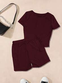 SHEIN EZwear Women Two Pieces Outfits For Daily Wear - Burgundy - View 2