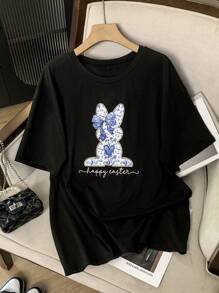 SHEIN Lacomfia maglietta casual da donna con stampa grafica, a maniche corte e scollo rotondo, taglia grande, adatta per l'estate