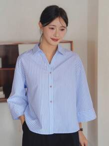 Dazy-Less 宽松休闲商务简约条纹七分袖女式衬衫 - 藍色 - 查看 7