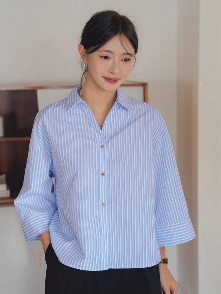 Loose Fit Casual Business Minimalist Striped 3/4 Sleeve Women Shirt