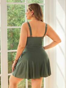 Swim Lushoire Women's Plus Size Plain Elegant Fashion Beach Casual Holiday Adjustable Waist A-Line Hem Concealing Slimming One-Piece Swimsuit For Summer Beach Vacation