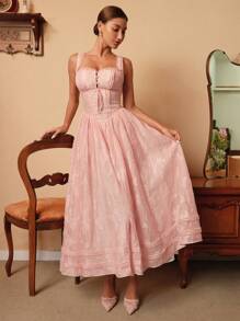 SHEIN Unity Đầm không tay thắt eo cài nút phía trước bằng vải Jacquard cho nữ, thanh lịch - Hồng - Xem 8