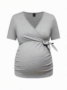 SHEIN قميص تي شيرت قصير الأكمام مناسب للحوامل والرضاعة، ذو رقبة عميقة على شكل حرف V مع ربطة متقاطعة، صيفي وكاجوال - رمادي - مشاهدة 13
