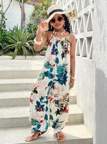 SHEIN 青少年女孩休闲夏季度假风格宽松热带植物印花吊带连体裤夏季灯笼裤夏威夷连体裤 - 彩色 - 查看 5