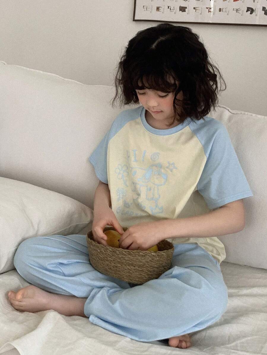 DAZY 青少年女孩家居服印花插肩袖T恤和裤子,女孩夏季服装,返校服装 - 杏色 - 查看 1