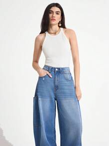 Daynim 女式褪色浅蓝色直筒牛仔裤 - 淺色水洗藍 - 查看 4