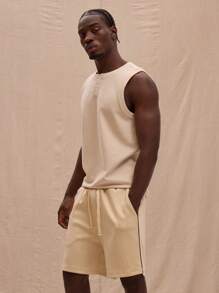 Musero Waffle Collar Button Detail Tank Top Spring, Summer, Holiday - Khaki - View 2