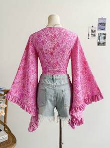 Soleia V-Neck, Ribbon Tie, Bell Sleeve, Print Shirt