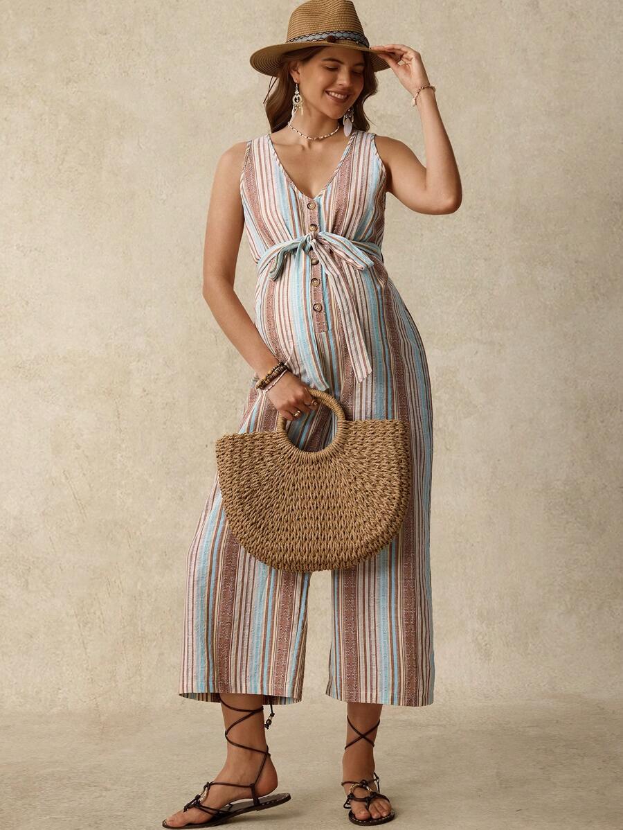 SHEIN 孕妇夏季度假条纹纽扣前挂脖连体裤 - 彩色 - 查看 1