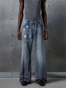 NEON BLANC Men's Street Style Loose-Fit Flared Leg Denim Jeans For Fourth Of July/4th Of July, Streetwear Style - Blue - View 3