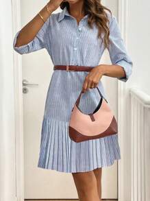 Chiquease Đầm dài tay xếp ly viền nút chi tiết cho nữ - Xanh và trắng - Xem 4