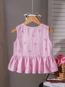 SHEIN Young Girl Woven Striped Bow Print Sleeveless Casual Shirt - Pink - View 2