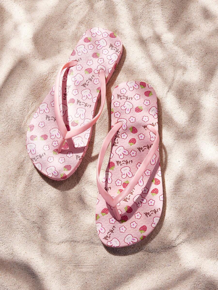 Grefit Women Flip Flops, Beach Slippers, Colorful Flat Sandals - Pink - View 1