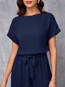 SHEIN Clasi Women's Elegant Round Neck Belted Wide Leg Jumpsuit Navy Blue