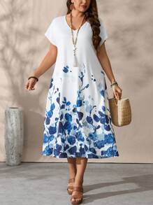 EMERY ROSE Ombre Watercolor Floral Print V-Neck Short Sleeve Plus Size Maxi Dress