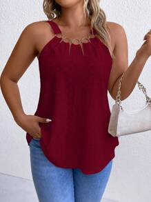 SHEIN LUNE Plus Size Solid Color Eyelet Embroidered Ring Tank Top - Burgundy - View 4