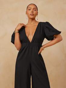 L'Amorae 女式前深V领夏季度假泡泡袖亚麻连体裤 - 黑色 - 查看 2