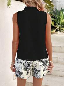 Breezaya Bộ áo không tay và quần short in họa tiết hoa đồng màu, Xuân/Hè - màu đen - Xem 2