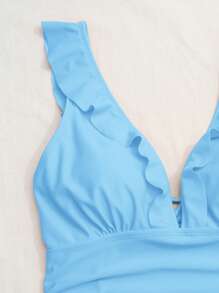 SHEIN Swim 1pc Solid Color Ruffle Trim One-Piece Swimsuit, Suitable For Vacation And Beach