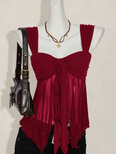 SHEIN ICON Women's Asymmetrical Hem Ruffle Mesh Camisole Top, Summer