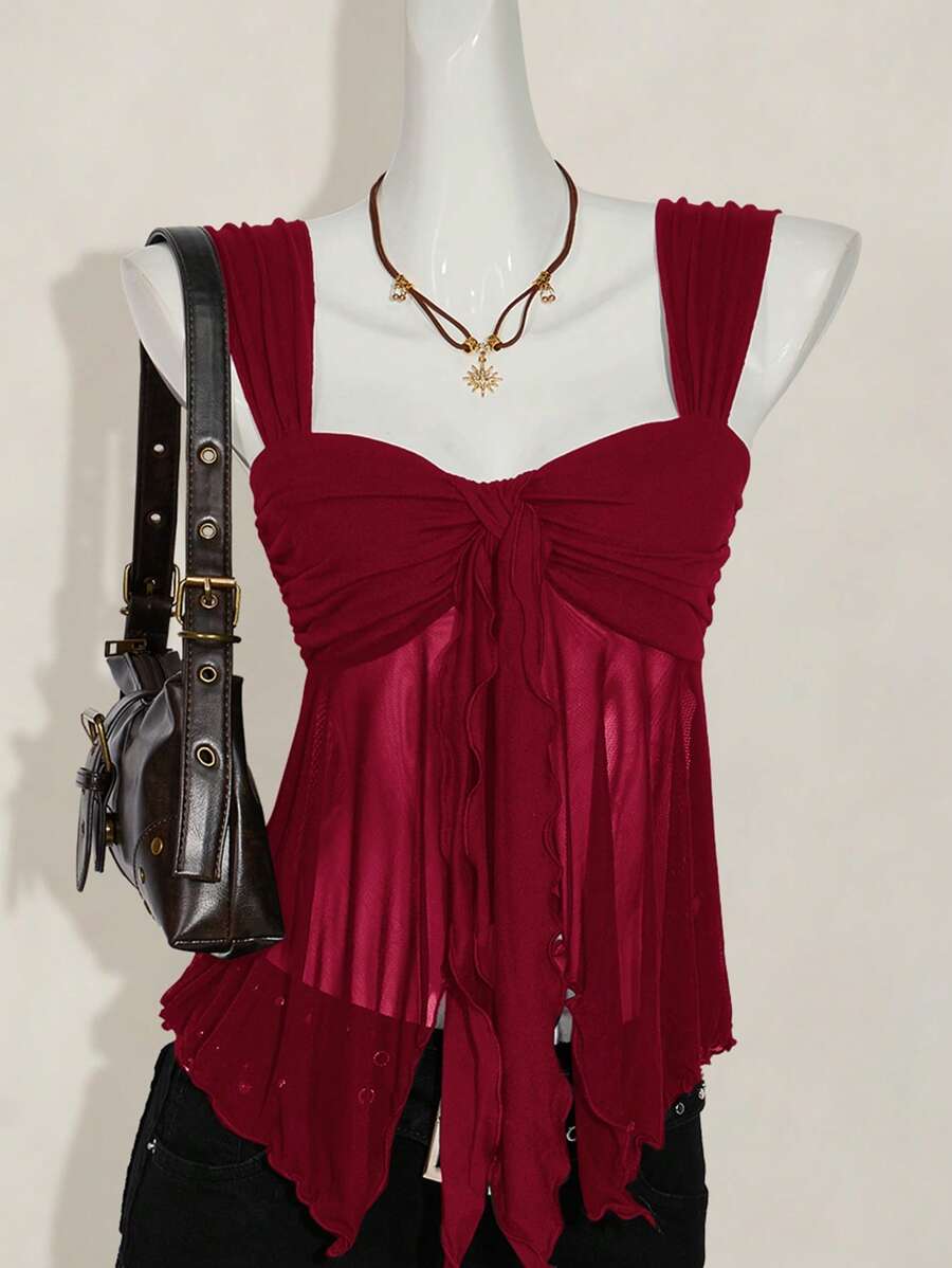 SHEIN ICON Women's Asymmetrical Hem Ruffle Mesh Camisole Top, Summer - Burgundy - View 1