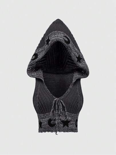 Hippie Chandail tricoté à capuche avec imprimé bohème soleil et lune