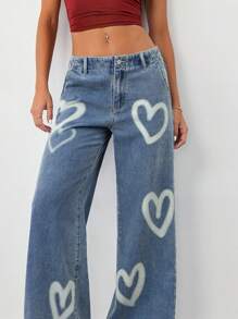 SHEIN Tall Jeans femme taille basse, jambes larges, imprimé cœur, coupe droite ample, bleu. Jeans femme jambes larges, jeans femme taille basse, jeans femme ample, jeans femme grande taille, jeans femme jambes larges, jeans femme cargo, jeans femme coupe droite - Multicolore - Voir 1