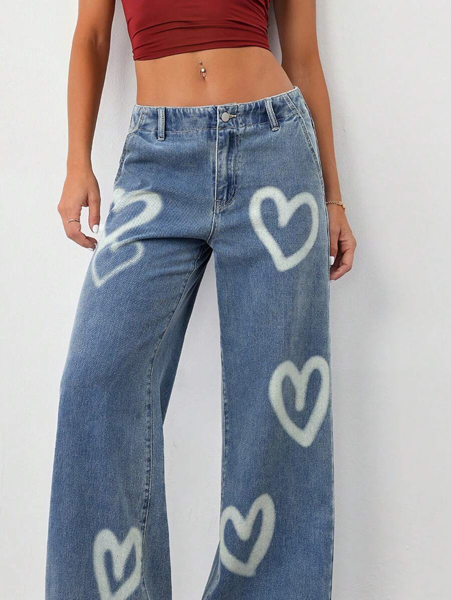SHEIN Tall Jeans femme taille basse, jambes larges, imprimé cœur, coupe droite ample, bleu. Jeans femme jambes larges, jeans femme taille basse, jeans femme ample, jeans femme grande taille, jeans femme jambes larges, jeans femme cargo, jeans femme coupe droite - Multicolore - Voir 1