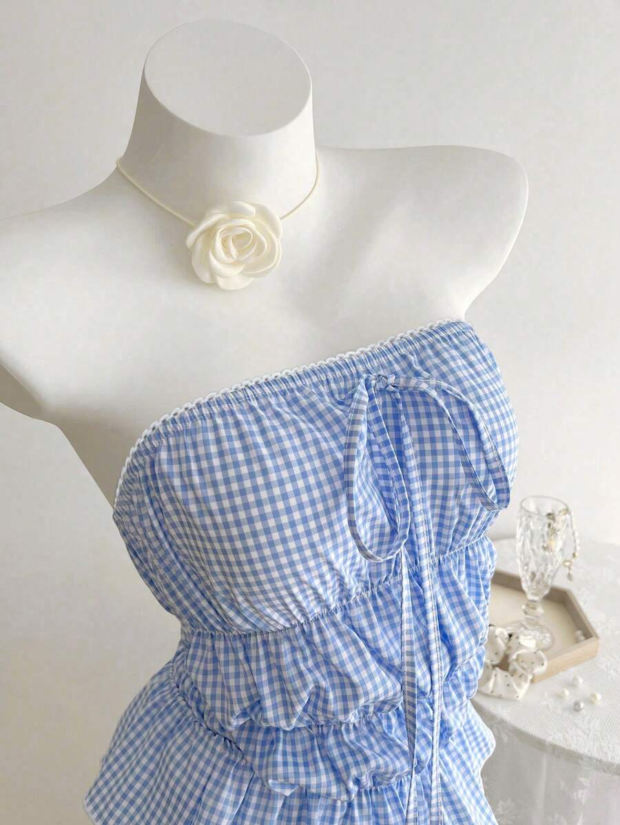 Elamini Top fascia con fiocco decorativo a scacchi blu e bianchi da donna