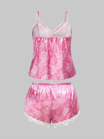 Fairycore Ensemble de pyjama casual pour l'été en satin et dentelle, imprimé floral tropical avec hibiscus, coupe grande taille