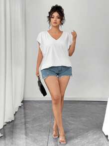 Elenzga Plus Size V-Neck Bowknot Decor Short Sleeve T-Shirt - White - View 5