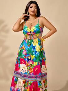 SHEIN Clasi Flowers Birds Coconut Tree & Floral Graphic Drawstring Hollow Out Plus Size Dress, Bow Decor, Summer Women Outfit For Beach Vacation - Multicolor - View 6