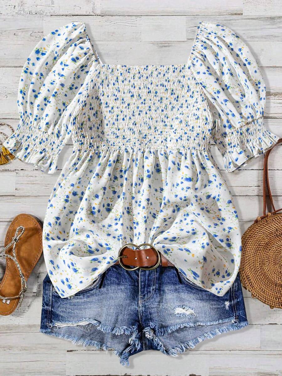 Linhara Plus Size Women Floral Print Puff Sleeve Ruffle Collar Babydoll Blouse