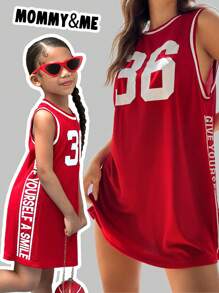 SHEIN Young Girl Knit Letter Pattern Crew Neck Sleeveless Fitted Casual Dress - Red - View 3