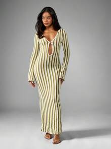 MISSGUIDED 条纹长袖锁孔透视超长海滩罩衫